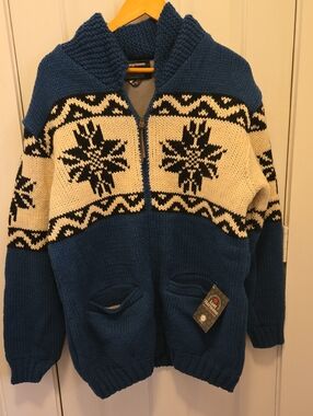 Lost Horizons Wool Sweater Teal Snowflake Fleece Lined Zip Jacket L/XL